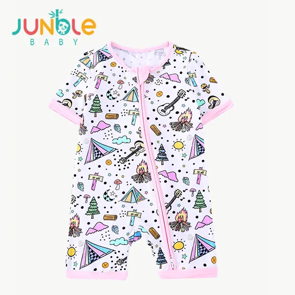 Junblebaby Bamboo Baby Girl Shorty Romper - Cute Baby Outfit, Short-Sleeved Shirt, 2-Way Zipper, Happy Camper Print, Summer Campfire Sleepsuit, V-Neck, Short Sleeve Summer Campfire Sleepsuit, Fast Dress & Undress, All Over Print