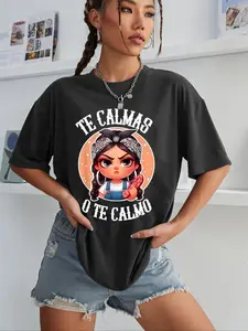 Women's Cartoon & Letter Print Round Neck Tee, Fashion Casual Short Sleeve T-shirt for Daily Wear, Ladies Summer Clothes