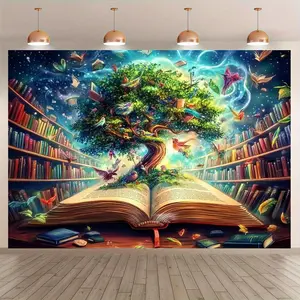 2D Flat, Magical Book Tree & Book Ladder Banner - 2D Flat Bookshelf Backdrop with Open Book, Blooming Tree & Flying Birds - Birthday Party Decorations, Book-Themed Wall Hanging, Wedding & C