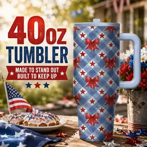 1 Pc 40oz Patriotic Star Bow Insulated Tumbler, Drinkware, Double Wall, Leak-Proof, Keeps Hot for 12hrs, Keeps Cold for 24hrs, Perfect for Daily Use, BBQ, Picnic, Travel, Durable, Ideal Gift for Independence Day, Summer Holidays