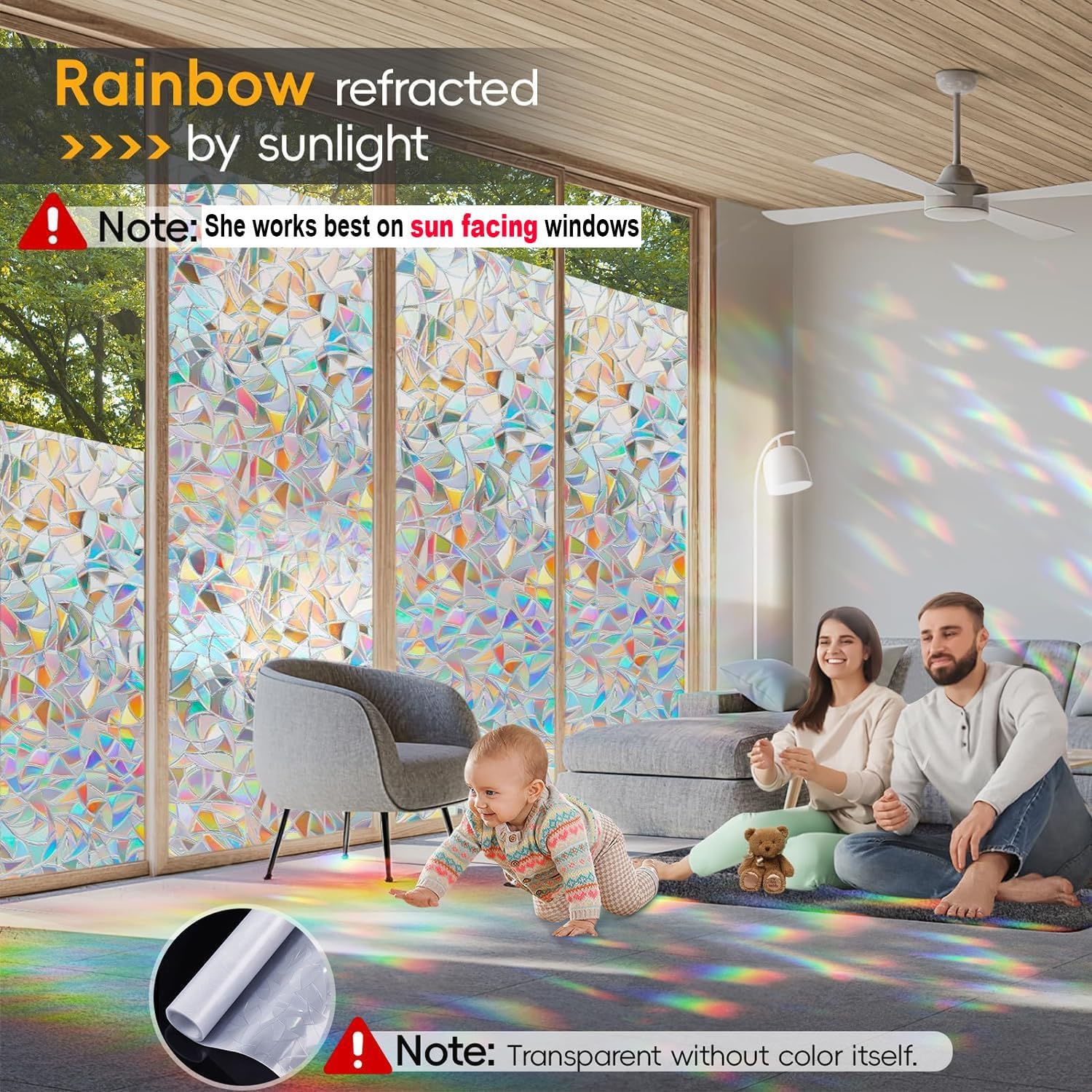 3D Rainbow Window Privacy Film - Aesthetic Suncatcher Static Cling, Decorative Stained Glass Sticker for Home DIY (17.5" x 78.7")
