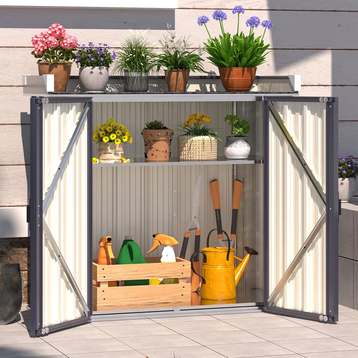 YODOLLA Outdoor Storage Cabinet, waterproof metal garden cabinet with adjustable shelves, large space for tools and plants, gray