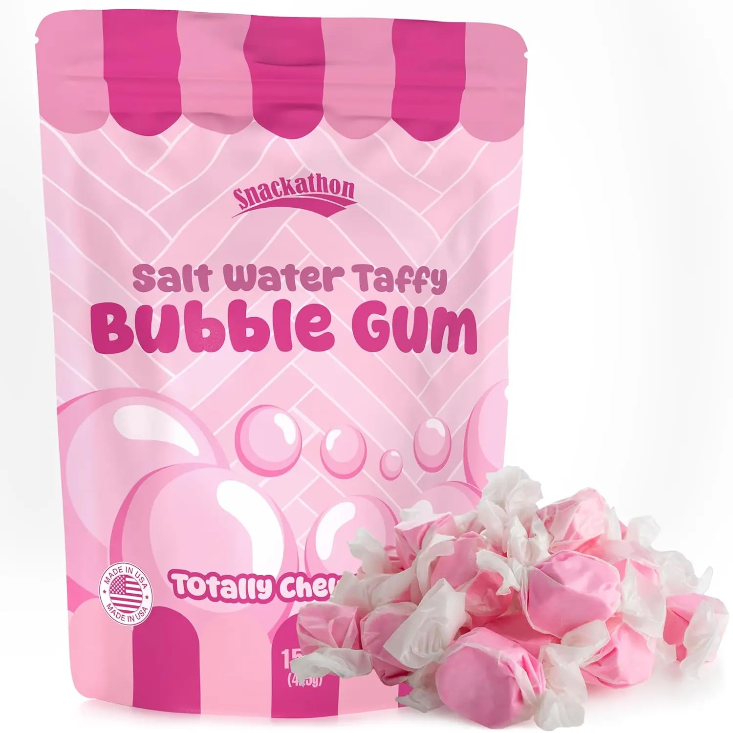 Snackathon Salt Water Taffy Single Flavor, Bubble Gum, Bulk Individually Wrapped Gourmet Candy, Soft & Chewy Sweet Treats, 15 oz Resealable Bag