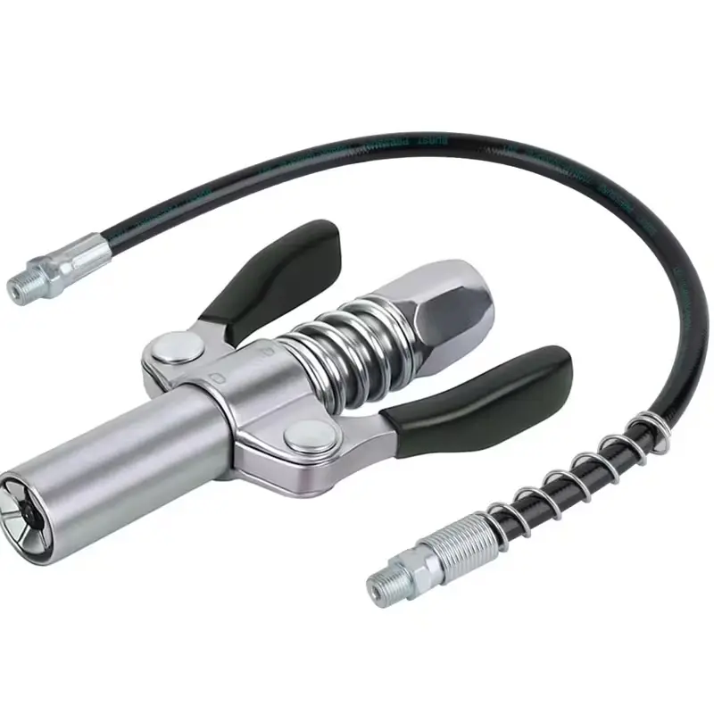 Grease Gun Coupler with Locking Jaw, 12" Spring Flex Hose, Grease Gun Tips, High Pressure 10,000 PSI Double Handle Quick Lock Release Grease Tips, Compatible with All Grease Guns 1/8" NPT Fitting