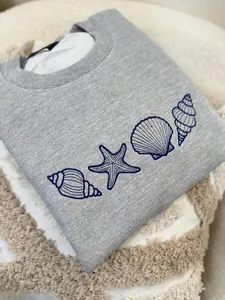 Seashell Embroidered Sweatshirt, Trendy, Beach Lover, Nature, Cute, Simple, Gift