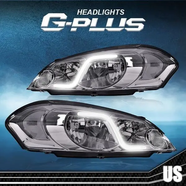 G-PLUS 100% Brand New in Box Plug-and-Play Bolt-On Pair Headlights Kit for 2006-2013 Chevy Impala, 2006-07 Chevy Models Monte Carlo, Clear/Chrome with LED DRL Lights, Chevy 2014-2015 Impala Limited, Comes In A Pair, Headlight Replacement, Led Drl Headlamp