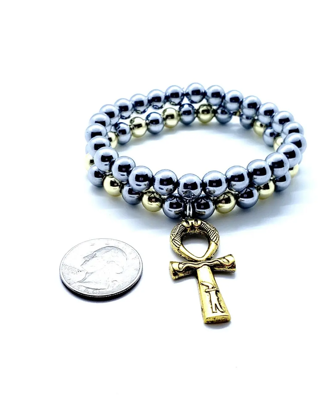 Hematite set 8mm with gold Ankh pendant stretch bracelet