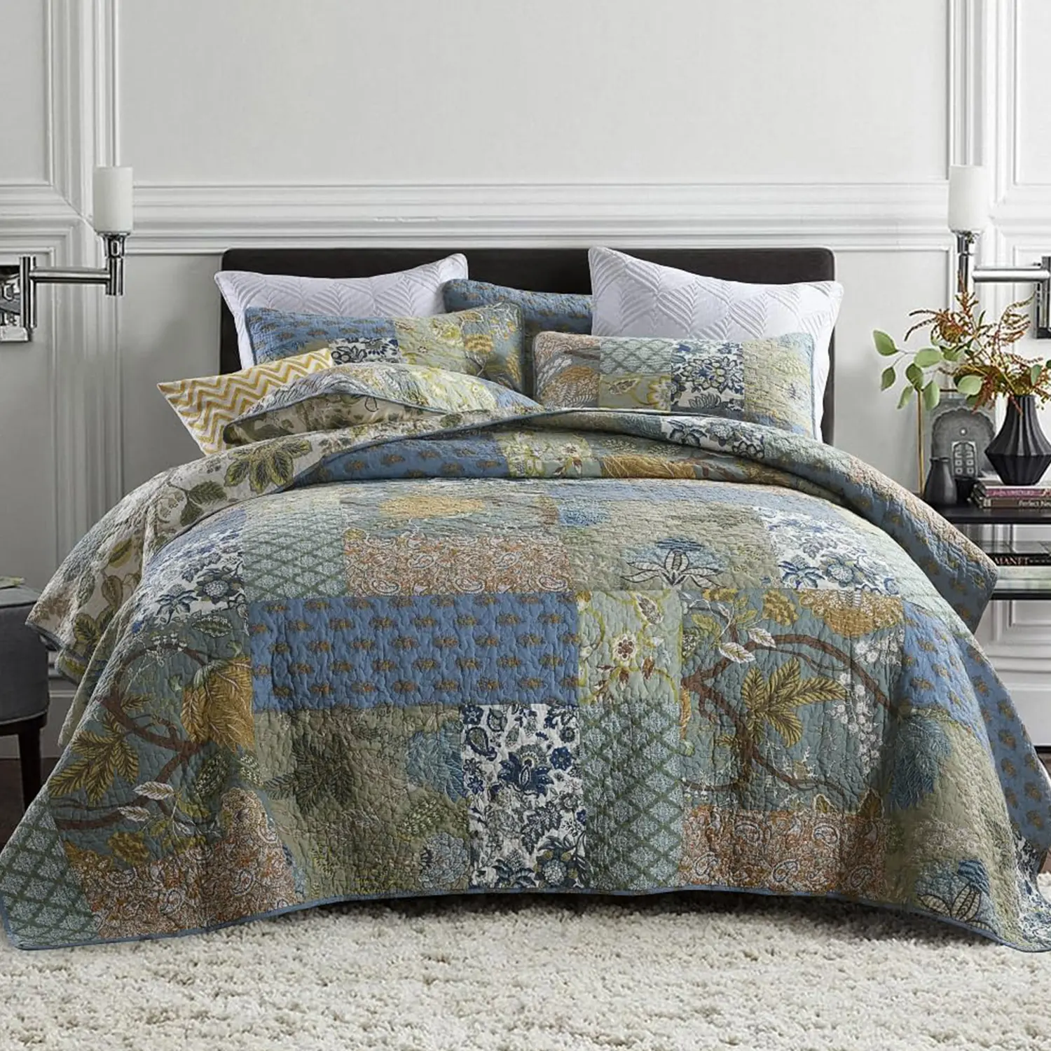ONAIL Cotton Patchwork Quilt Set - Reversible Home Bedding, Lightweight Coverlet, Vintage Floral Handmade Design, Jacquard Stitching, Breathable, Soft, Durable, Washable, Multiple Sizes & Styles, Room Decor, House Decor