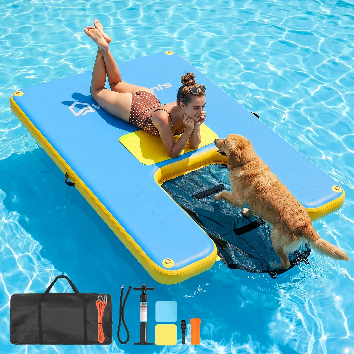 dealsforyoudays WARMOUNTS Inflatable Floating Dock with Dog Ramp – 8x6FT or 10x6FT, Water Hammock Platform for Adults & Pets, 700/750LB Capacity, Non Slip Drop Stitch Construction, Lake Floats for Family Party (Hand Pump,Carry Bag Included)