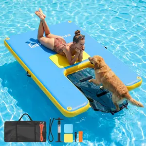 WARMOUNTS Inflatable Floating Dock with Dog Ramp – 8x6FT or 10x6FT, Water Hammock Platform for Adults & Pets, 700/750LB Capacity, Non Slip Drop Stitch Construction, Lake Floats for Family Party (Hand Pump,Carry Bag Included)