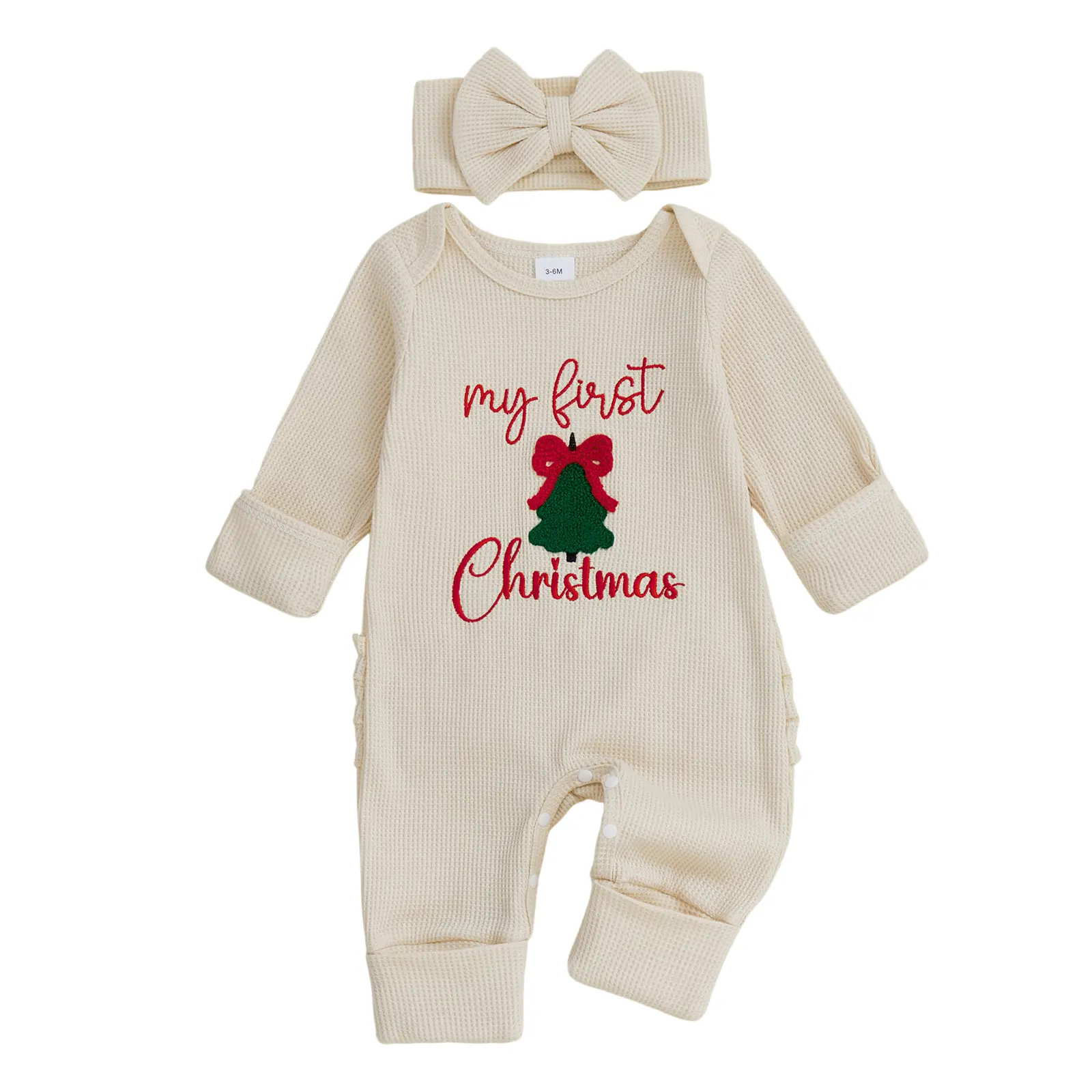Sprifallbaby Newborn Baby Girl First Christmas Long-Sleeve Embroidery Bodysuit Romper with Bow Headband, Winter Baby Clothing with Letter Tree Detail