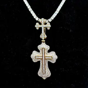 Iced Out Cross Necklace for Men Prong Setting Pendant Charms Real Copper Hip Hop Jewelry