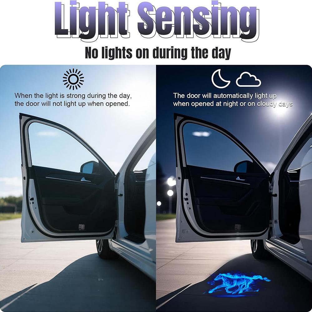 4-Piece Universal Wireless Car Door Welcome Light, Blue Flame Horse, Magic Circle Car Door Projection Light, Car LED Welcome Ambient Light, Easy Installation Car Interio