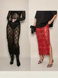 Women's Christmas Party Midi Skirt Set, Contrast Sequins & Fringe Design, High-Waisted Fitted Cut Out Dress for Holiday Season, Womenswear