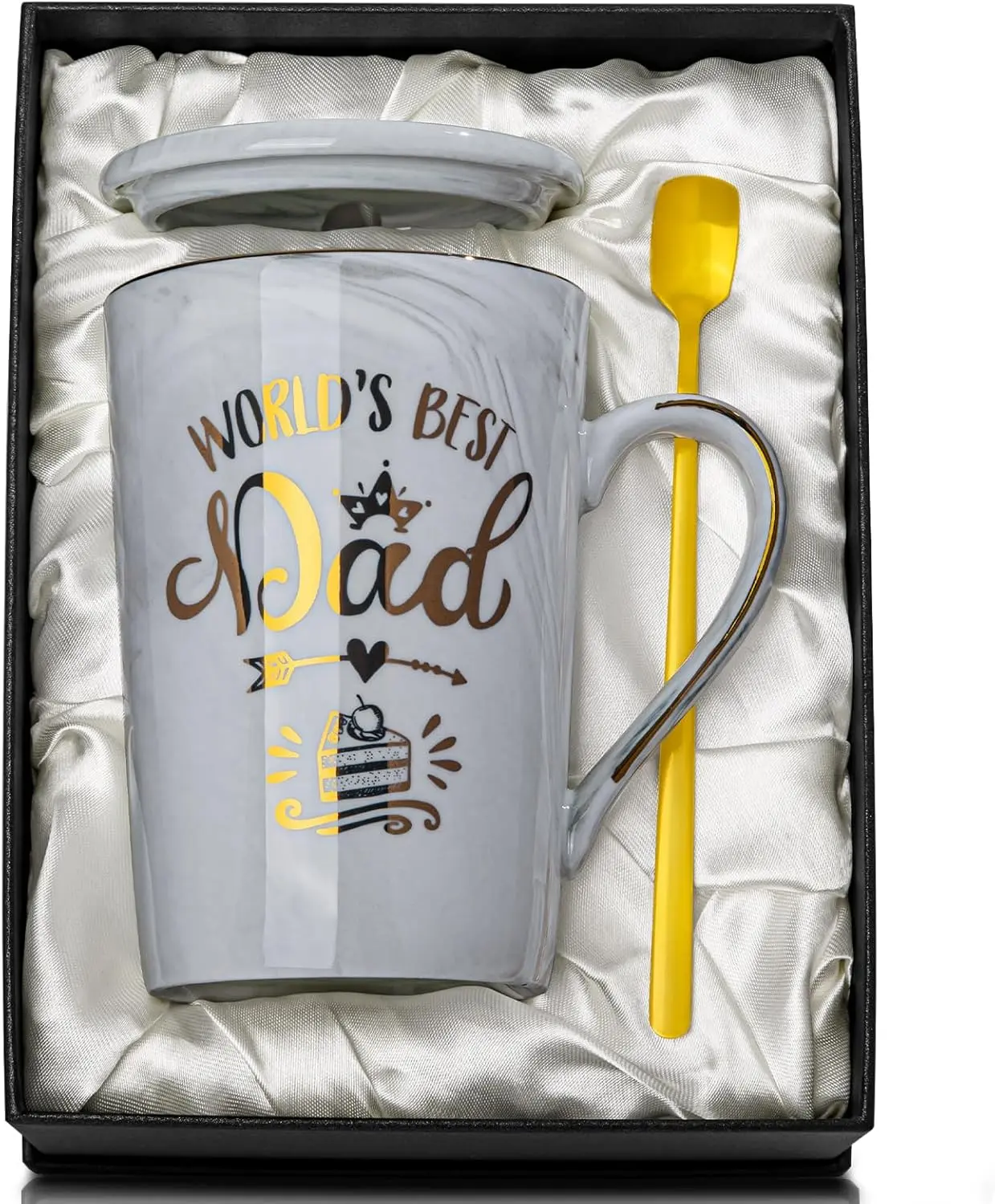 Fathers Day Birthday Gifts Presents for Dad from Daughter Son - World'S Best Dad - Funny Daddy Mug with Gold Print, 14Oz Grey Marble Ceramic Coffee Cup, with Lid Spoon Greeting Card, Nice Gift Boxed ALBISS