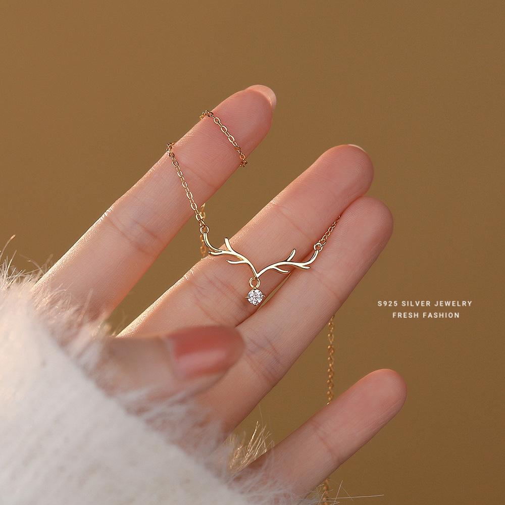 SheLuxeLife | S925 Sterling Silver "One Deer with You" Deer Antler Necklace for Women – Fresh Forest Style, Elegant Collarbone Chain, Christmas Gift