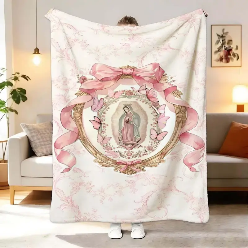 Our Lady of Guadalupe Knitting Print Fleece Cozy Blanket - 100% Gentle Soft Plush Fabric, Modern Portable Throw, Winter Home & Travel Giftable Blanket, Printed Image & Knitted Texture Item, Gentle Soft Blanket