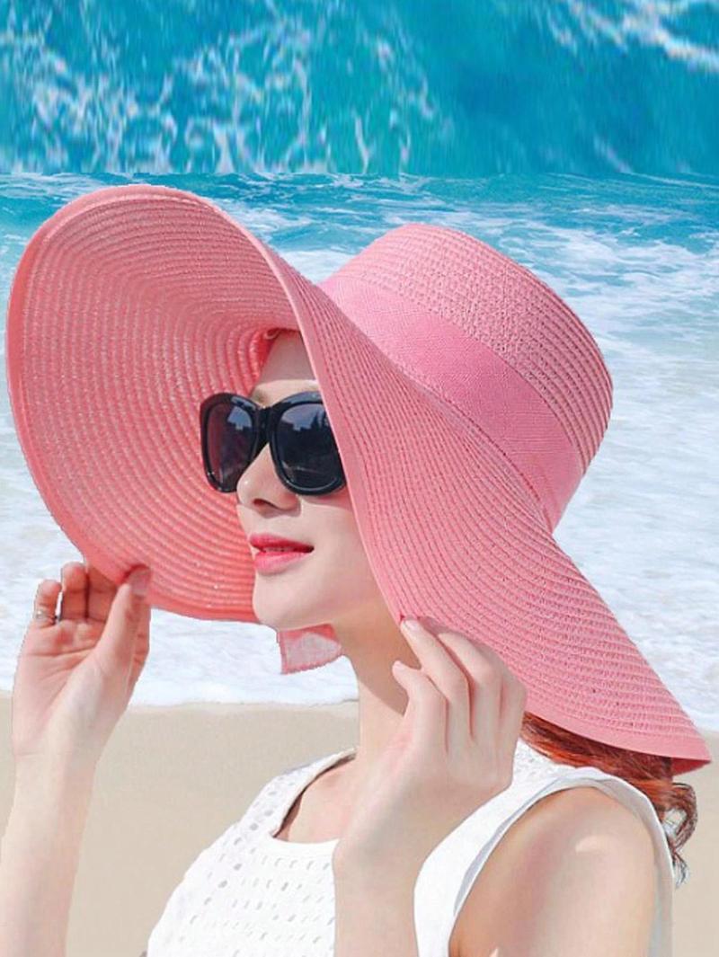 2025 New Extra Wide Brim Straw Hat, Women's Sun Protection Beach Hat, Summer Foldable Casual Elegant Polyester Bowknot Decor Hat, Suitable For Beach, Street, Spring/Summer