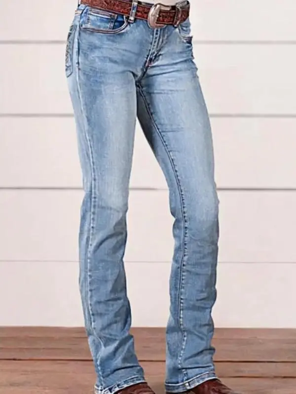 Women’s Light Wash Slim Straight Jeans, Mid Rise Stretch Denim Pants for Western Casual Wear