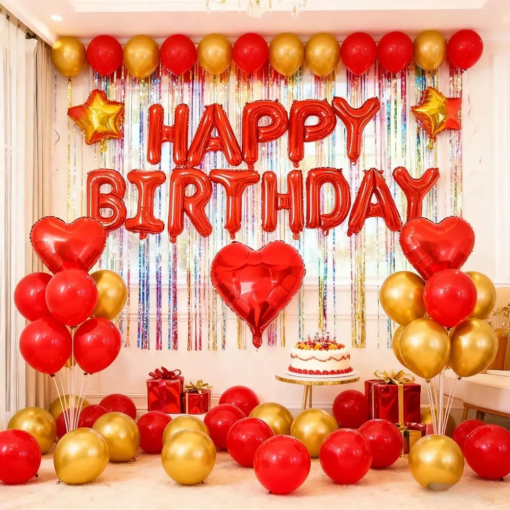 36pcs/Set Red Happy Birthday Balloon Kit - Letter Accents, Heart Foil, Gold Latex, Square Details for Birthday Party, Anniversary Decorations
