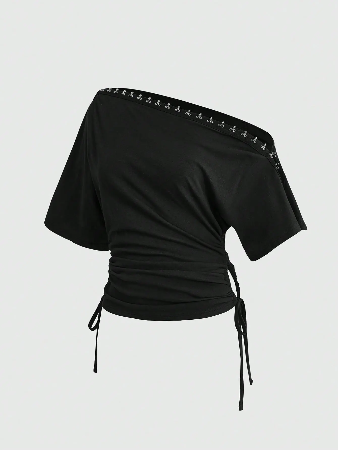 LALUZ Women's Punk Metal Buckle Asymmetric Shoulder Ruched Fitted T-Shirt Music Festival Y2K Streetwear Going Out One Shoulder Crop Top