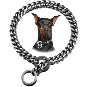 Dog Chain Collars Black Chain Dog Collar 12mm Cuban Link Dog Collar with O ring Lock Stainless Steel Metal Dog Chain for Puppy Small Medium Large Dogs