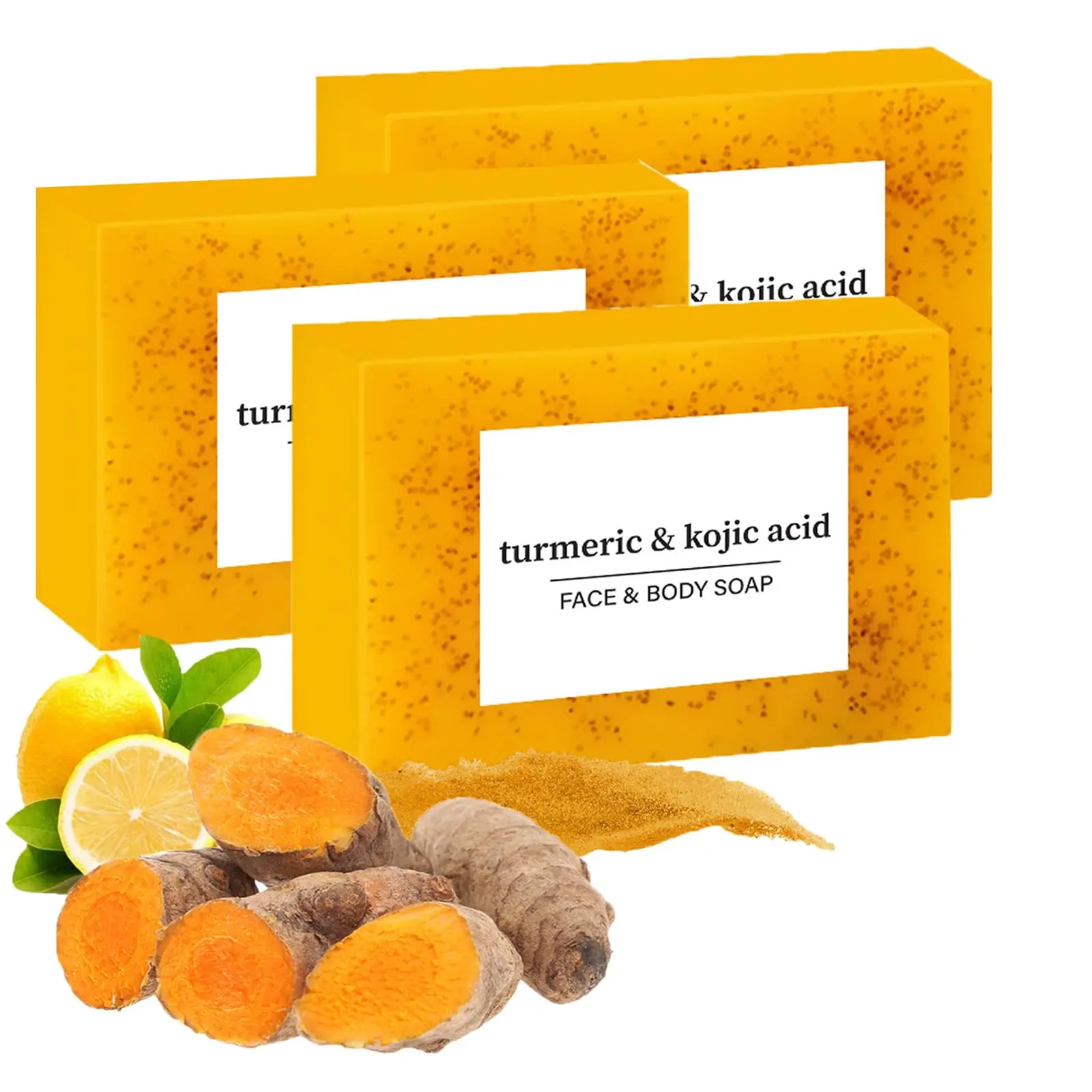 3PCS Lemon Turmeric Kojic Soap + 3 Bubble Nets | Organic Face & Body Bar | Cleansing & Exfoliating | All Skin Types