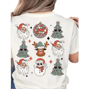 Women's Christmas Vibes TShirt Santa Snowman Reindeer Checkered Print 100% Cotton Eco-Friendly Unisex Casual Top for Festive Style Crewneck Shortsleeve Streetwear