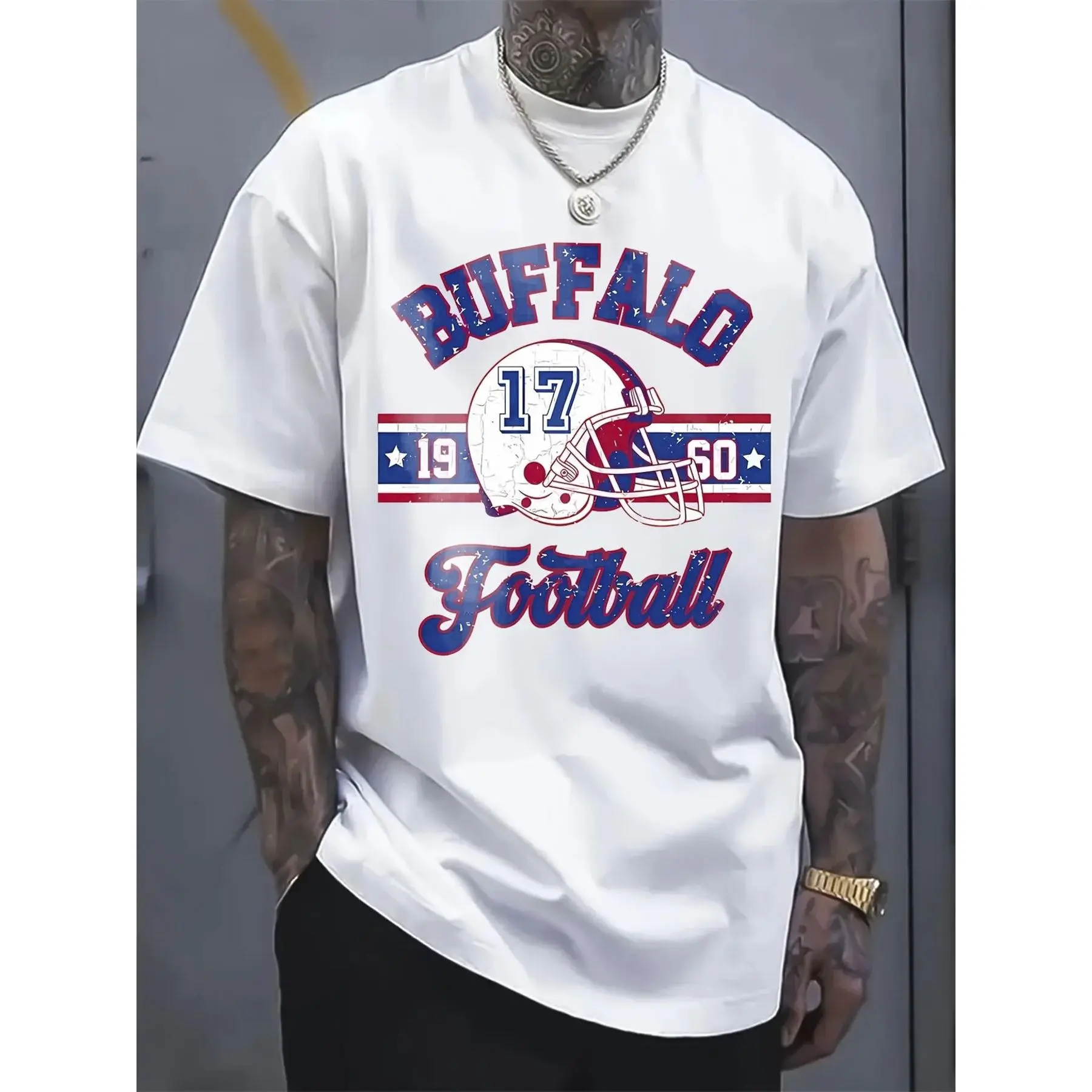 🏈 🖤 Men's Vintage Buffalo Football Graphic T-Shirt - 100% Cotton Loose Fit Streetwear Tee with Retro 19 & 50 Numbers, Short Sleeve Round Neck Casual Shirt for Sports Fans & Casual Attire, Sports Fan Apparel |   Sporty Design |   Durable Print