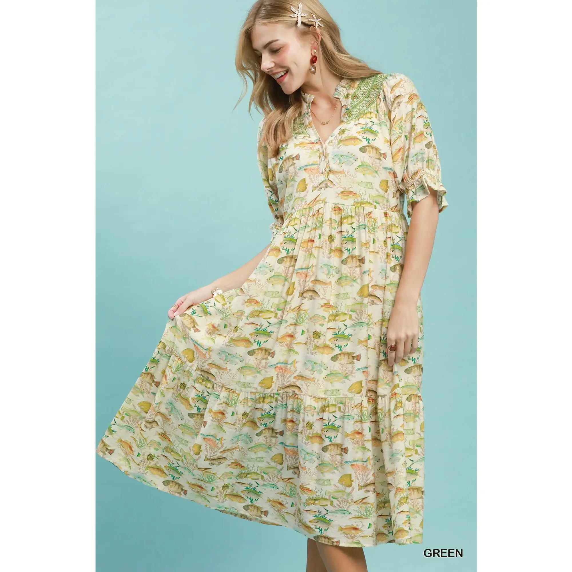 Umgee Print Tiered Midi Dress