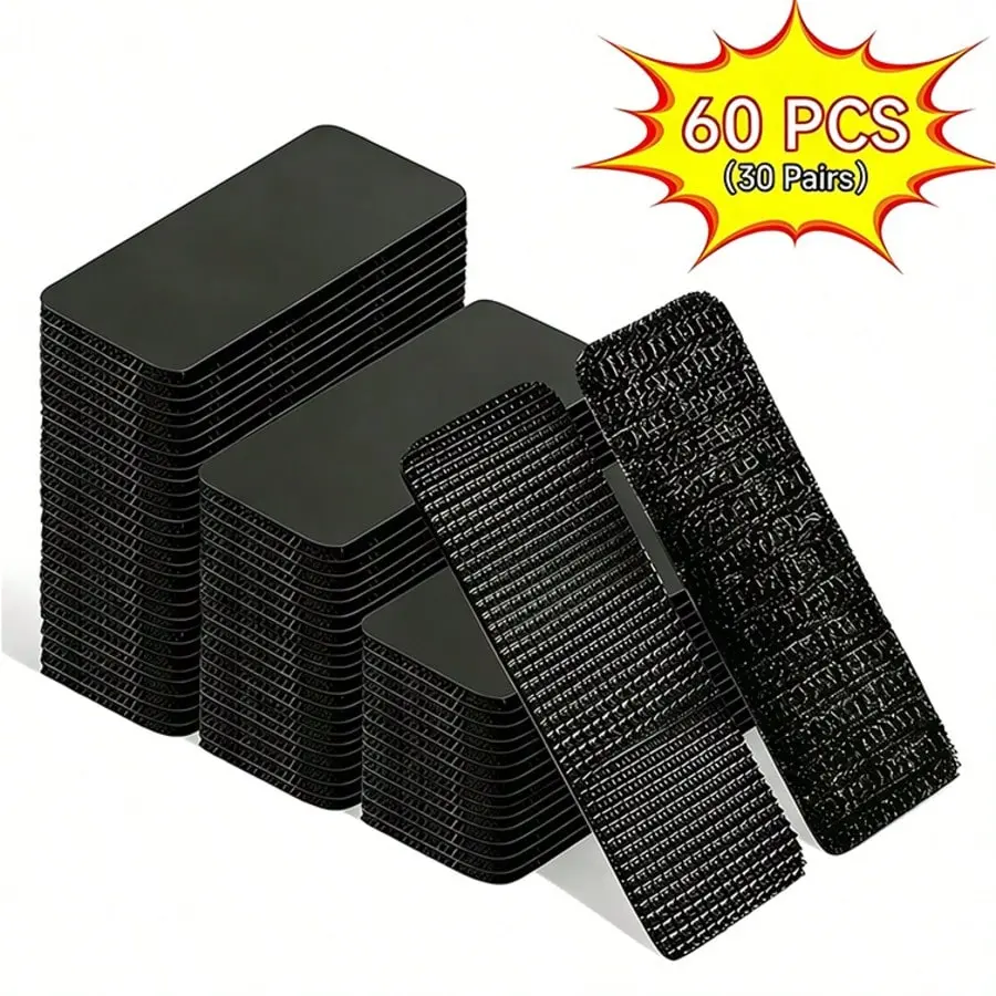 60 PCS Heavy-Duty Double-Sided Hook and Loop Strips, Multifunctional Sturdy Reusable Adhesive Mounting Tape with Strong Hold for Wall Hanging Picture Frames, DIY Home Projects, Universal Cable Management