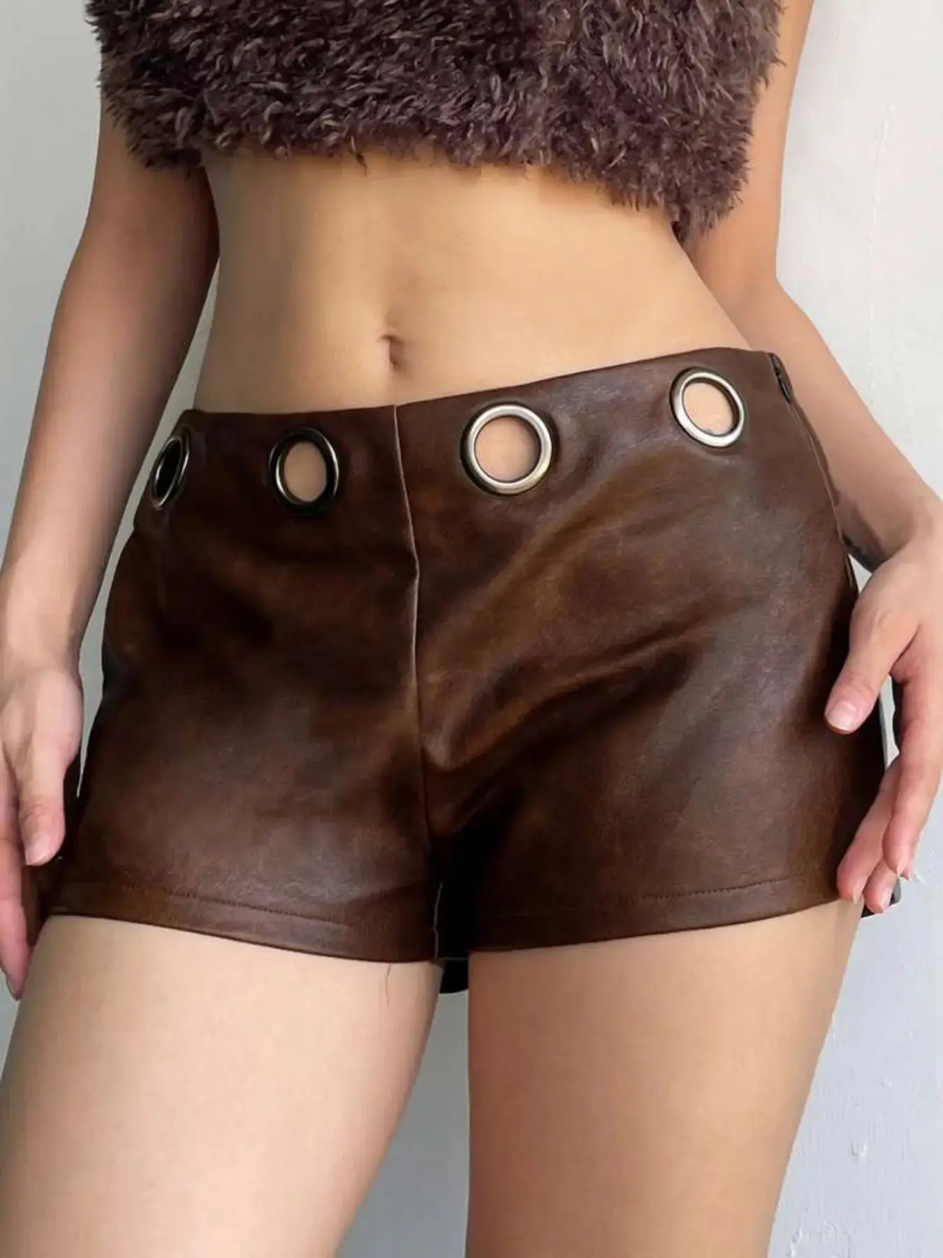 Faux PU Leather Shorts, High Rise Shorts, High Waisted Bodycon, Cut Out Design Metal Ring Detail, Sexy Club Y2K Festival Outfit, Slim Fit Stretch Streetwear Party Wear, Womenswear