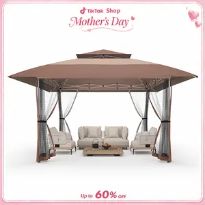13x13 Pop Up Gazebo Outdoor Canopy Shelter with 4 Sandbags, Instant Patio Gazebo Sun Shade Canopy Tent, Double Tiers & Mesh Netting for Lawn, Garden, Backyard & Deck, Coffee tiktokshopspringglowup