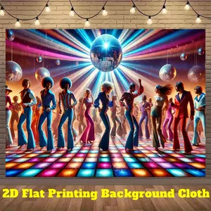 2D Flat, 1pc Disco Party Banner Backdrop - Retro 70s Disco Dance Floor Scene with Disco Ball - Neon Colors (Purple/Blue/Pink/Pink/Orange/Green/Teal) - Lightweight Polyester Fabric for Photo Booth, Birthday, Wedding, Corporate Events - Indoor/Outdoor