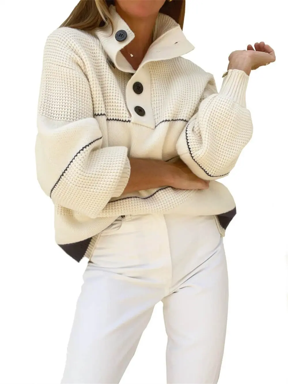 Chouyatou Women's Slouchy Waffle Knit Long Sleeve 1/2 Button Polo Collared Pullover, Striped Basic Casual Knitting Sweater Top for Fall, Holiday Outfits, Turtleneck, Cover Hip