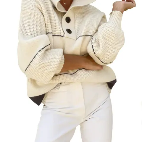 Chouyatou Women's Slouchy Waffle Knit 1/2 Button Polo Collar Long Sleeve Pullover, Striped Casual Soft Knit Top with Drop Shoulder, Loose Hip Length, Lantern Sleeve, Oversized Baggy Fit, Gentle Feel, Easy for School Days, Fall Basics Knitwear