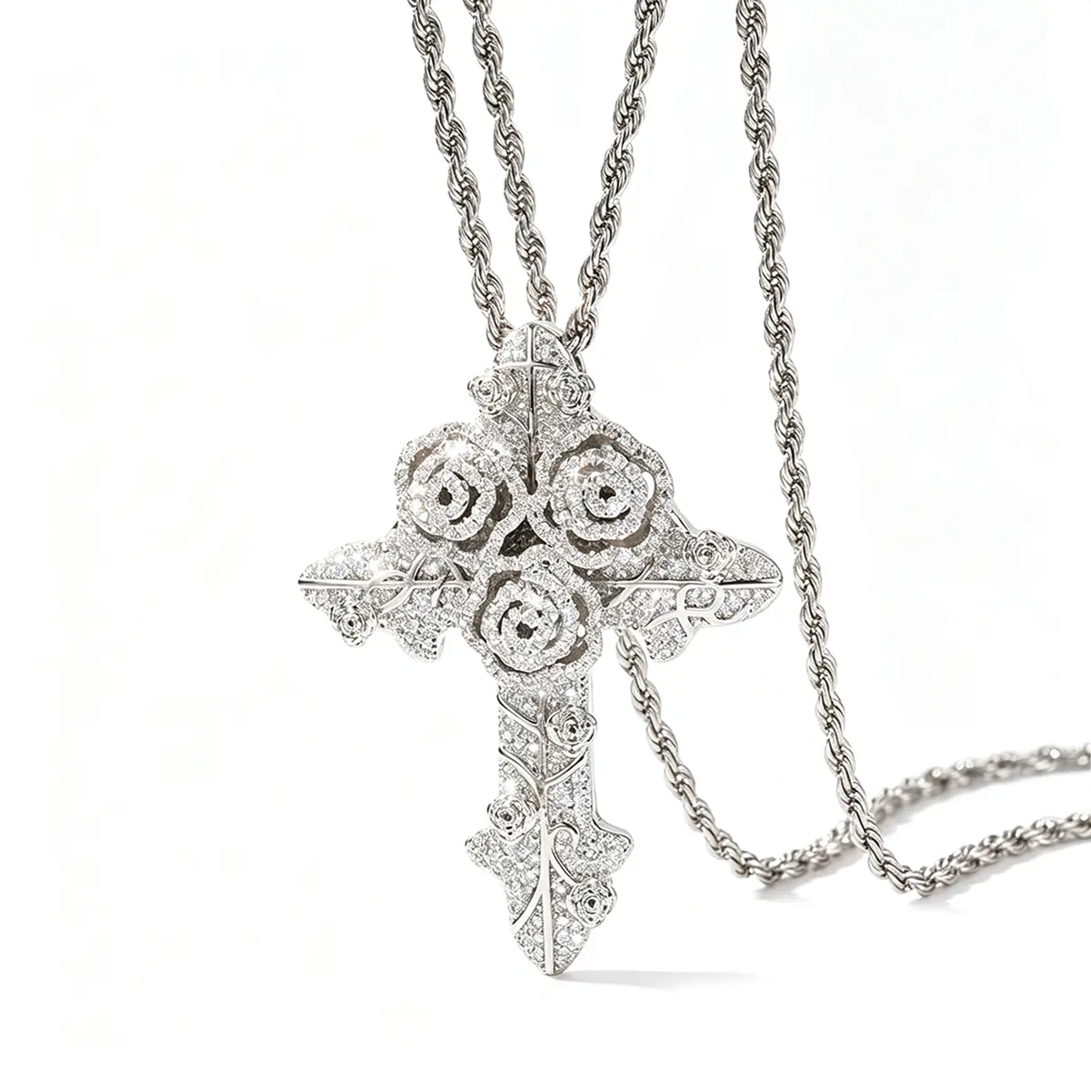Iced Out Cross Necklace with Blooming Rose Pendant, a Hip Hop Punk Jewelry Gift for Women & Men featuring AAA+ CZ Shine & Champagne CZ Flash