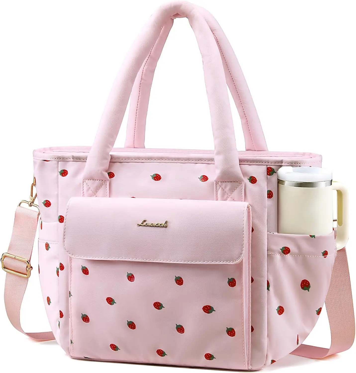 LOVEVOOK Insulated Womens Lunch Bags for Work, Puffer Adult Lunch Box Pink | Wide Opening Large Lunch Tote, Giant Tumbler Holder,Leakproof Cooler Bag,Cute For College Picnic Beach Travel, Shoulder Strap