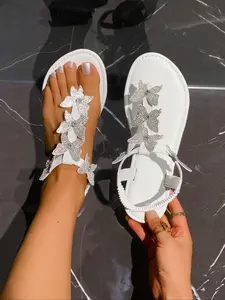 Women's Flat Sandals Summer New Outdoor Rhinestone Bow Toe Thong Flats, Casual Vacation Comfortable Shoes, Fashion Daily Wear