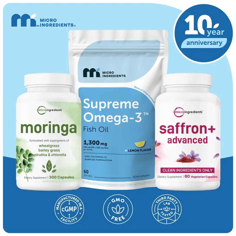 Maria's Calidad de Vida Pack: Saffron+ 60 capsules, Moringa 300 capsules & Supreme Omega-3 Fish Oil 60 Softgels