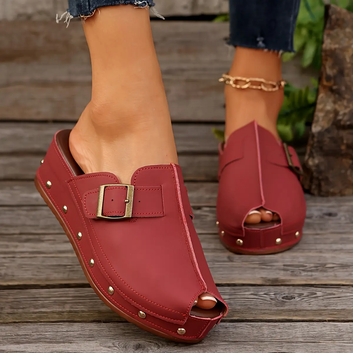 Women's Beige Wedge Sandals - Comfortable Open-Toe Slip-On Clogs with Buckle Straps & Studded Sole, Casual Summer Platform Shoes in Red, Black, or Tan Girl Footwear Onyx 【Red】