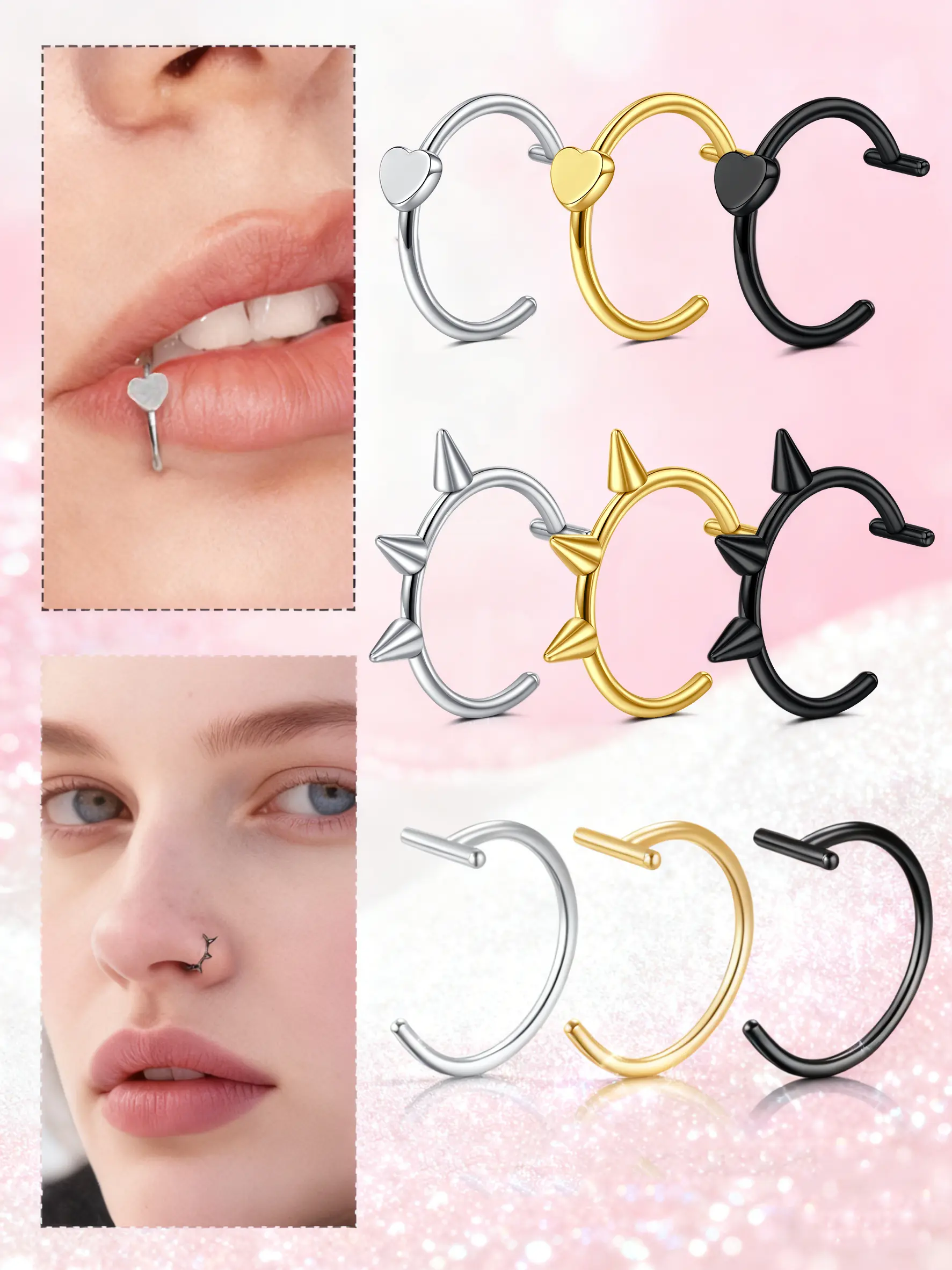 Gothic Stainless Steel Fake Lip Ring, Vampire Teeth Design, Unconventional Bold Statement, Unisex Costume Accessory Set, Role Play Party Jewelry, Halloween Accessories