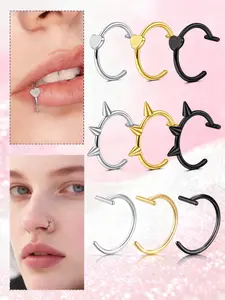 Gothic Stainless Steel Fake Lip Ring, Vampire Teeth Design, Unisex Costume Accessory Set, Role Play Party Jewelry, Halloween Accessories