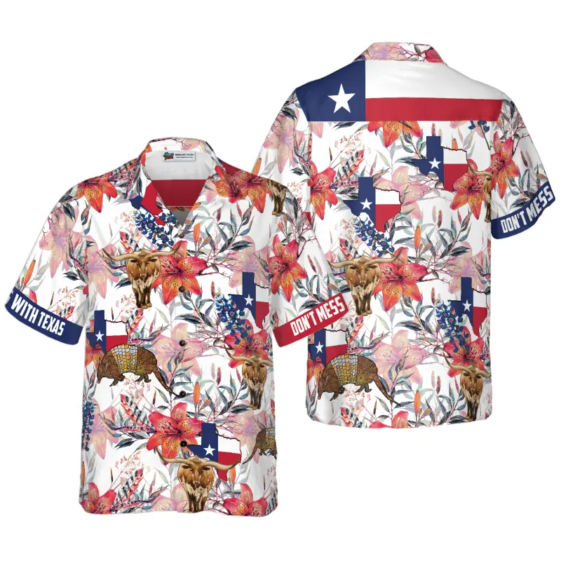 Texas Longhorn Bluebonnet And Armadillo Hawaiian Shirt, Button Down Floral Texas Flag Shirt, Proud Texas Shirt For Men, Short Sleeve Casual Button Down Shirts Summer Beach Shirt, Tropical Floral Shirt