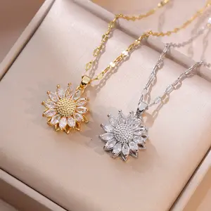 2PCS Sunflower Necklaces for Women Trendy Style Sunflower Rotating Zircon Sunflower Design Rotatable Fashion Necklace Dropnecklaces Zirconia Pendant