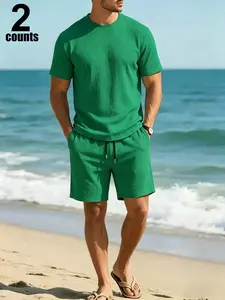 Men's Summer Daily Vacation Style Casual Beach Volleyball Textured Drawstring Shorts Crew Neck Short Sleeve T Shirt Set Home Outdoor City Regular Trendy Street Leisure Youth Simple Campus Retro Versatile Texture Temperament Personality Sports
