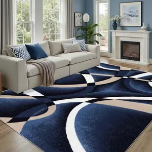 Modern Geometric Pattern Area Rug, Deep Blue Design, Soft Floor Mat, Living Room and Bedroom Decor, Washable Large Contemporary Rug