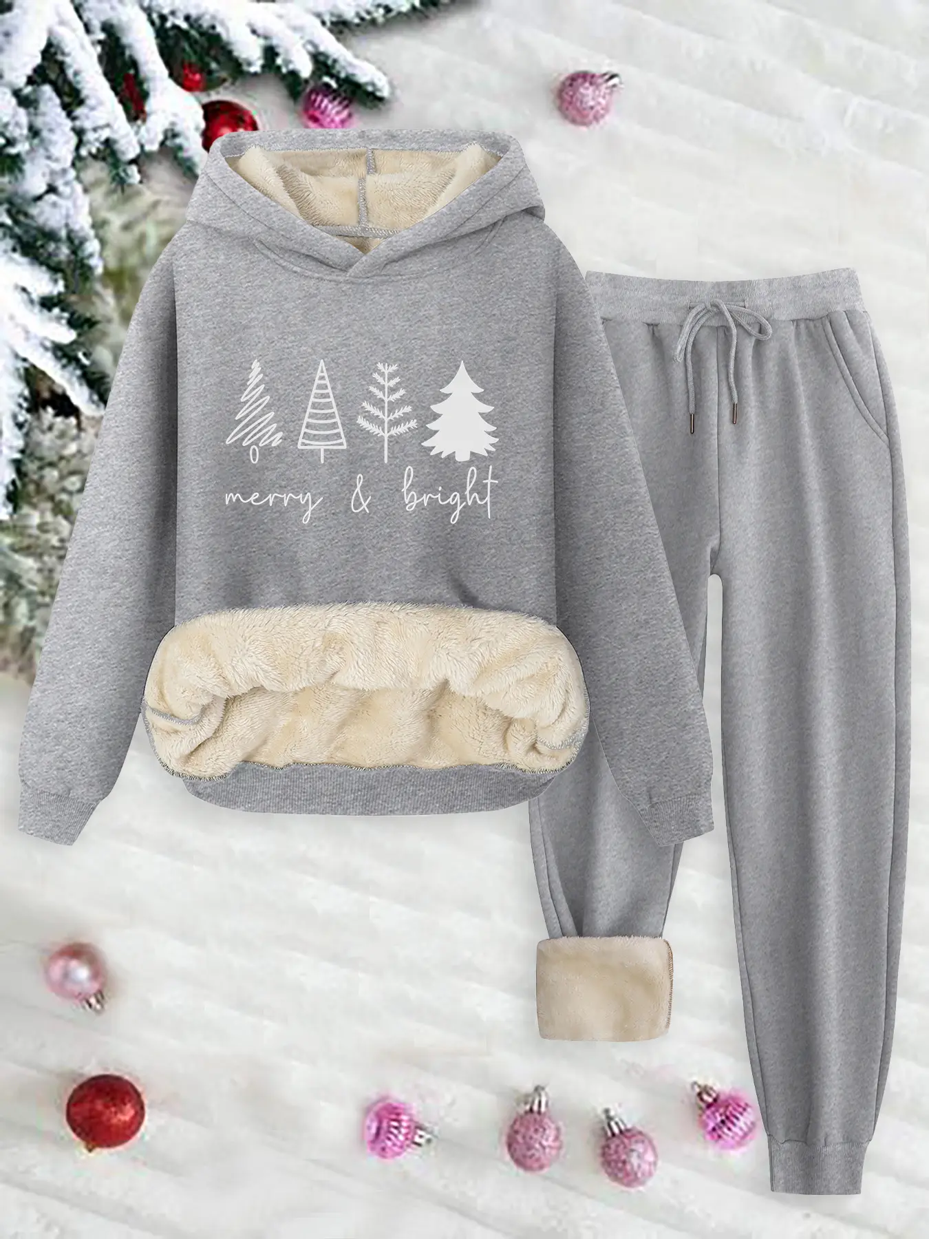 Women's Christmas Santa Print Hoodie & Pants Set, Casual Fall Winter Fleece Lined, Plus Size Fashionable Clothing