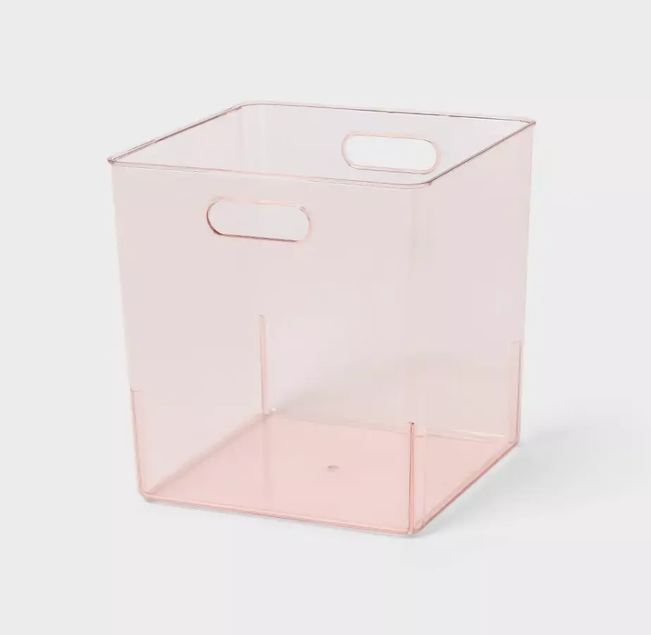 Pink Clear Plastic Utility Storage Bin, 1041.91 Cu In Large Organizer Cube with Dual Side Handles for Closet Cabinet Pantry Bathroom