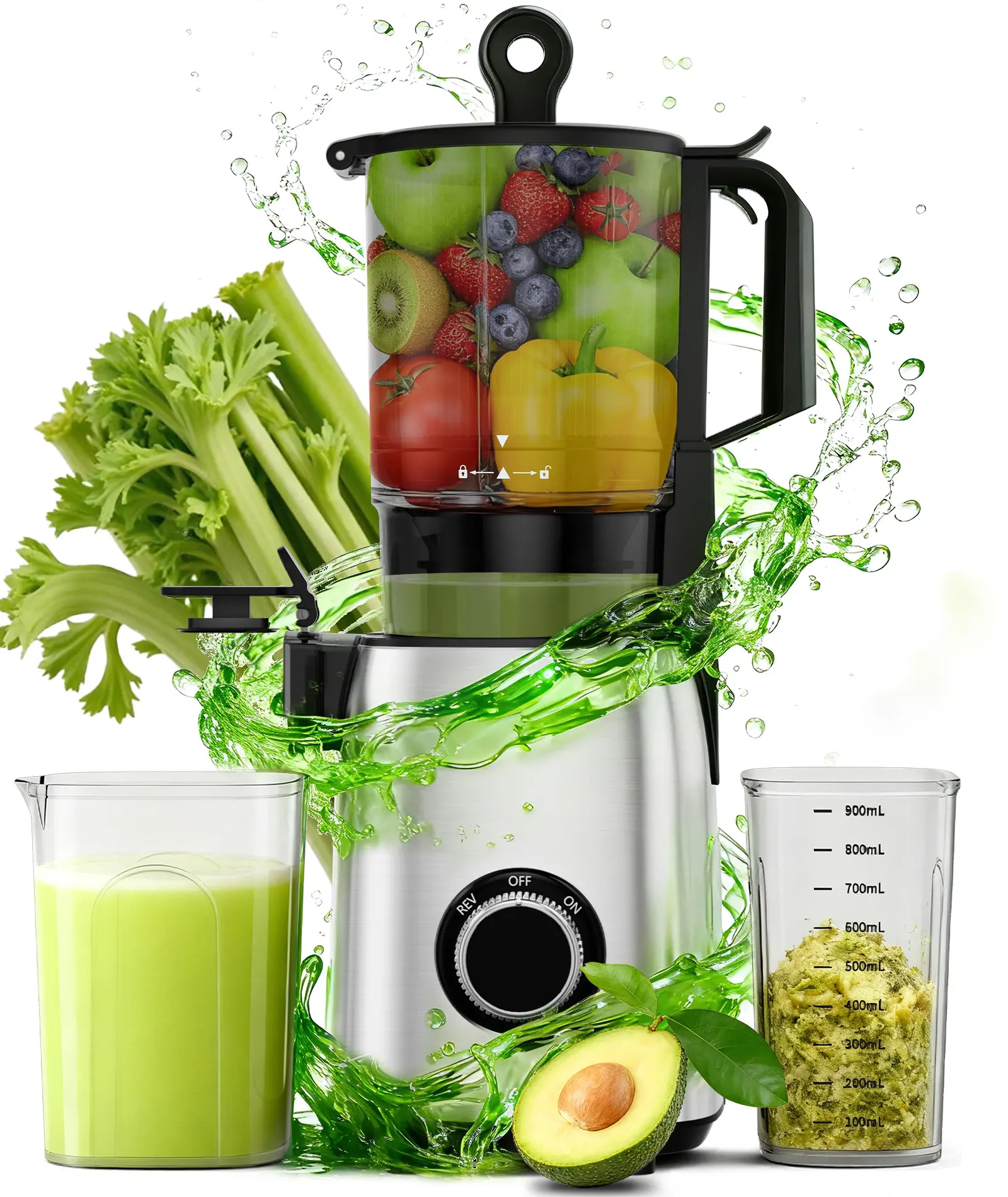 COWSAR 300W Cold Press Juicer, 5.4" Wide Feed Chute, Slow Masticating Juicer Machines Vegetable and Fruit, Electric Juicers Juice Maker with Reverse Function, Stainless Steel Juicer Easy to Clean